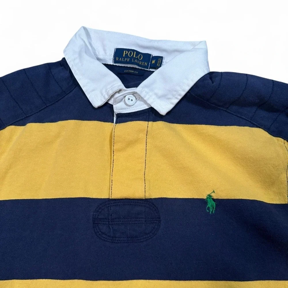 Polo Ralph Lauren Men’s Blue Yellow Striped Padded Green Pony Rugby Shirt Medium